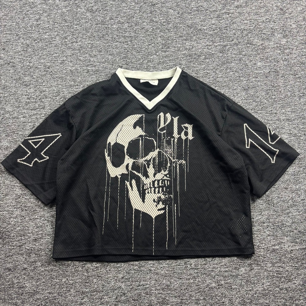YoungLA Streetwear Skull Graphic Cropped Mesh Jersey Black Men's Large